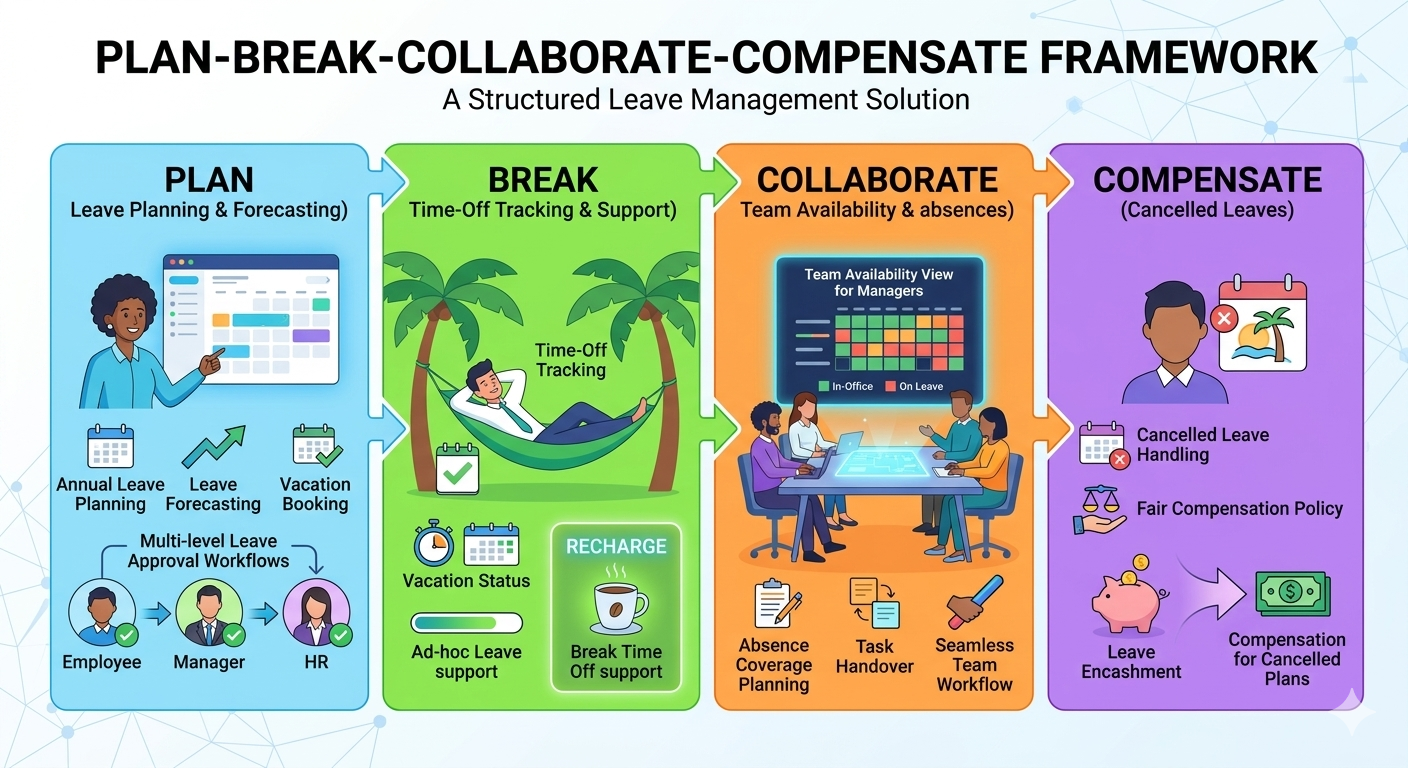 Plan-Break-Collaborate-Compensate Leave Framework